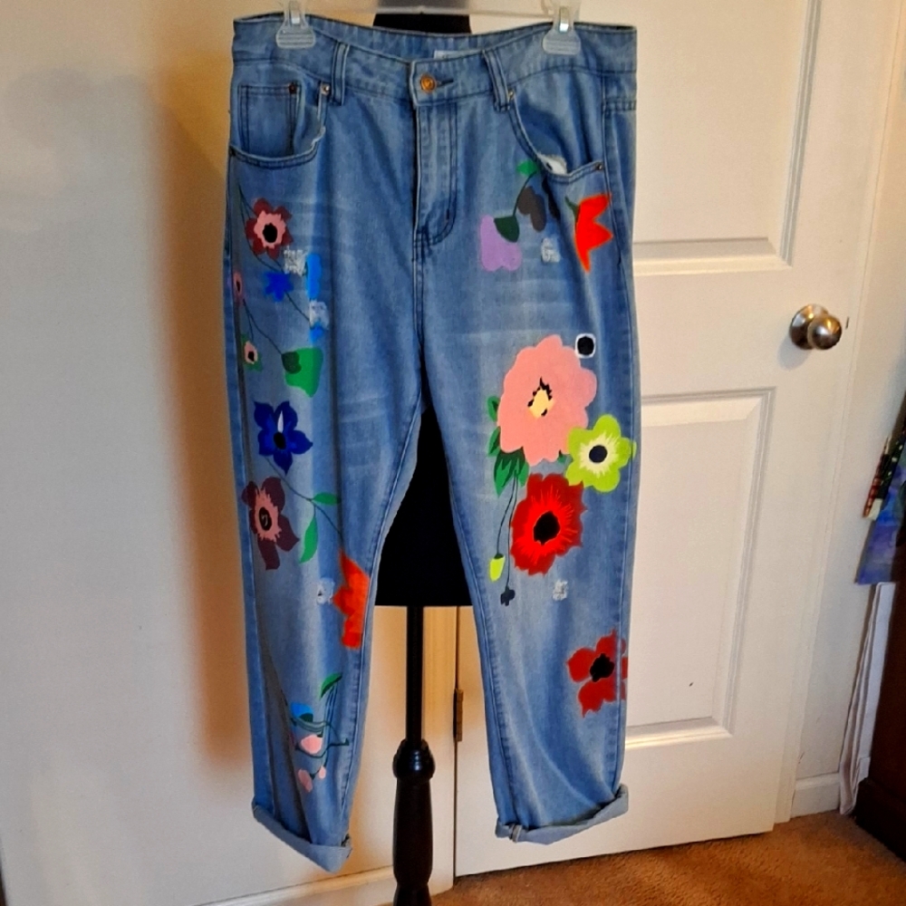 MISSLOOK Blue Floral Embroidered Boyfriend Jeans